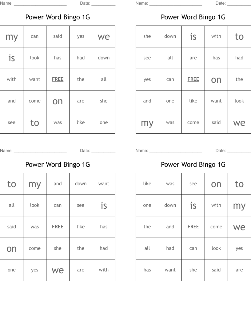 Power Word Bingo 1G