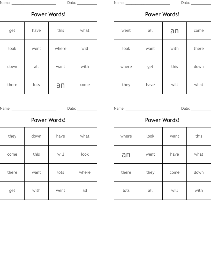 Power Words! Bingo Cards