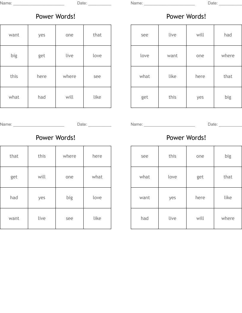 Power Words! Bingo Cards