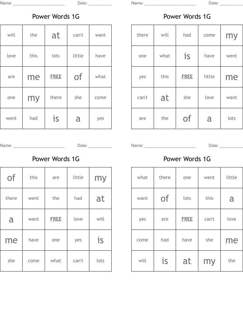 Power Words 1G Bingo Cards