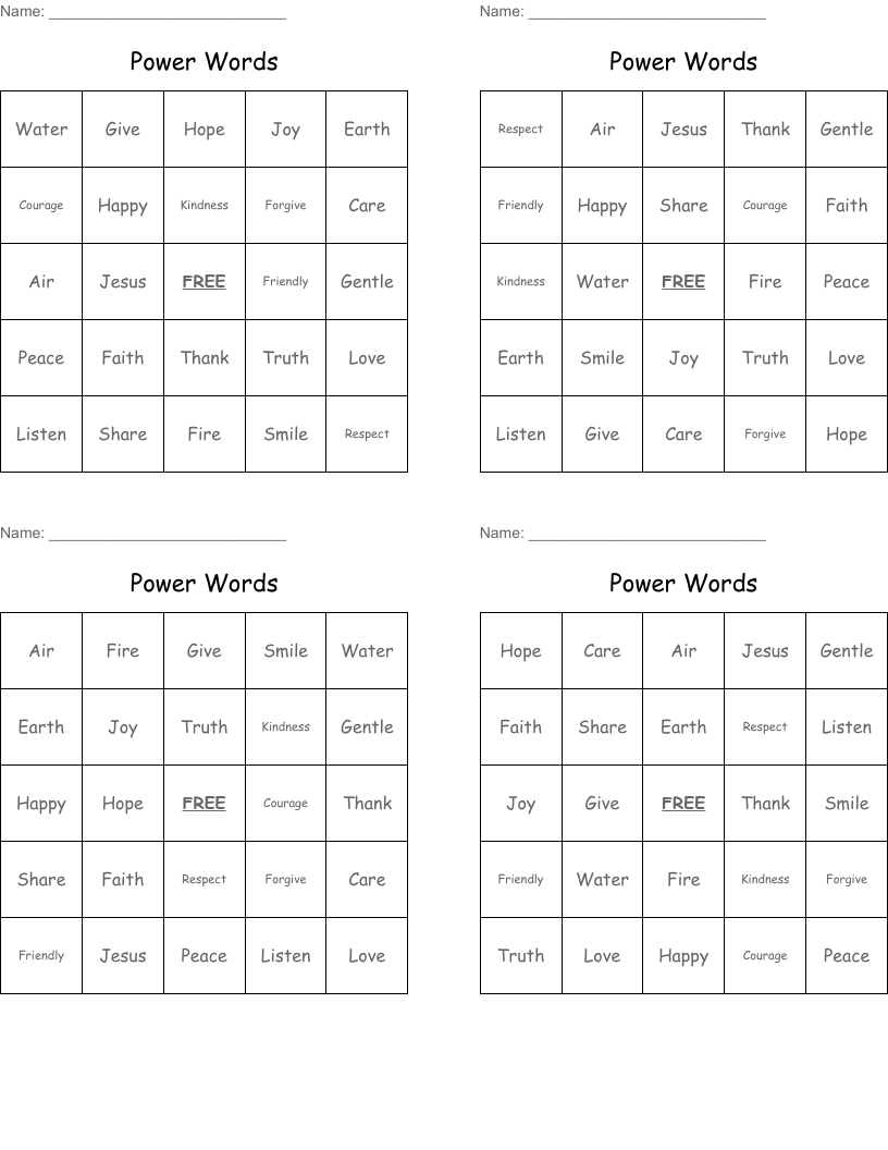 Power Words Bingo Cards