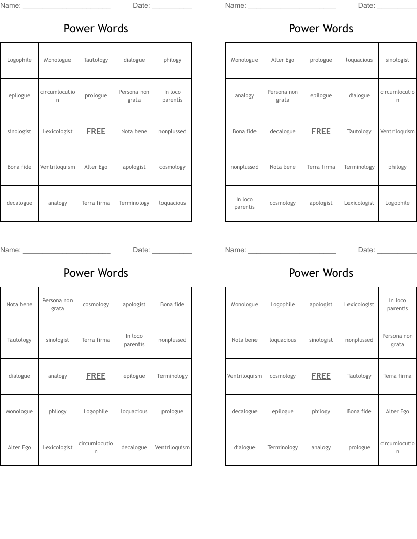 Power Words Bingo Cards