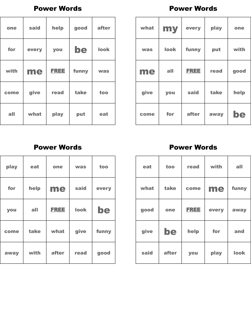 Power Words Bingo Cards