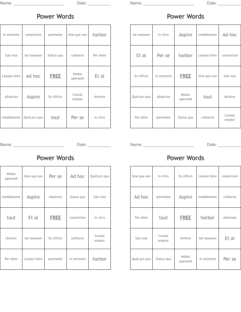 Power Words Bingo Cards