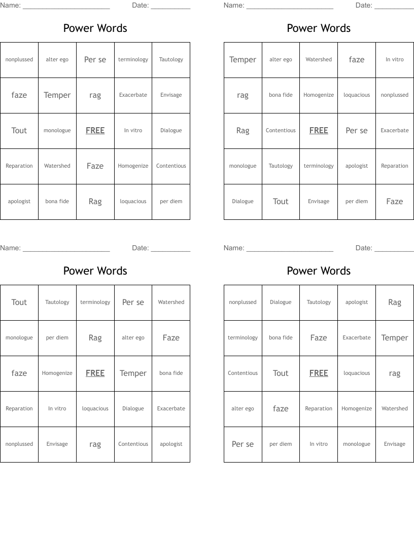 Power Words Bingo Cards