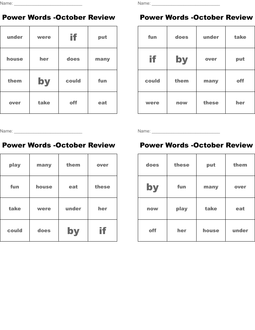 Power Words -October Review Bingo Cards