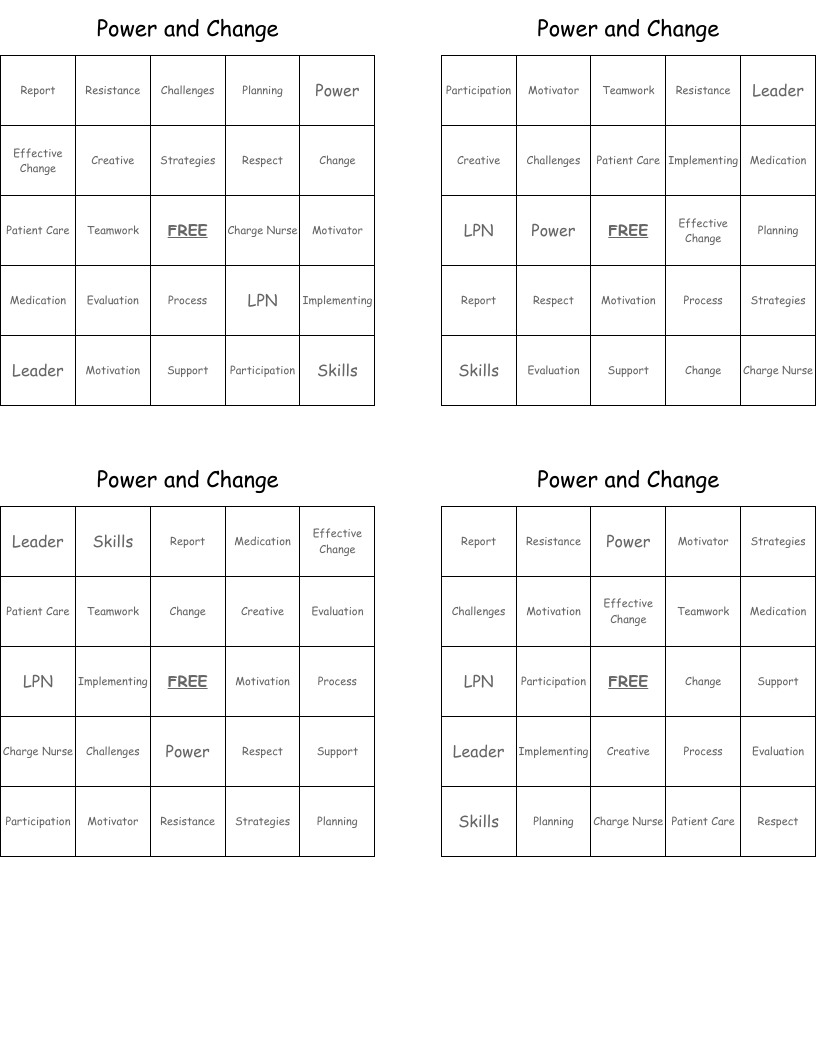Power and Change  Bingo Cards