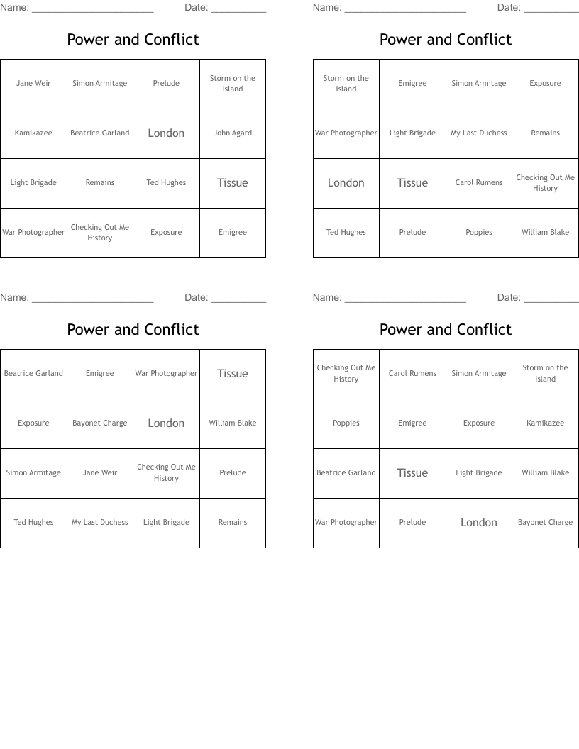 Power and Conflict Bingo Cards