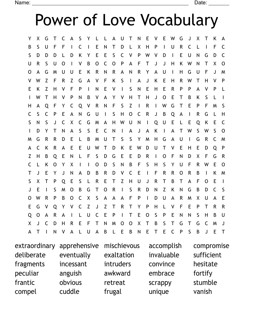 Power of Love Vocabulary Word Search