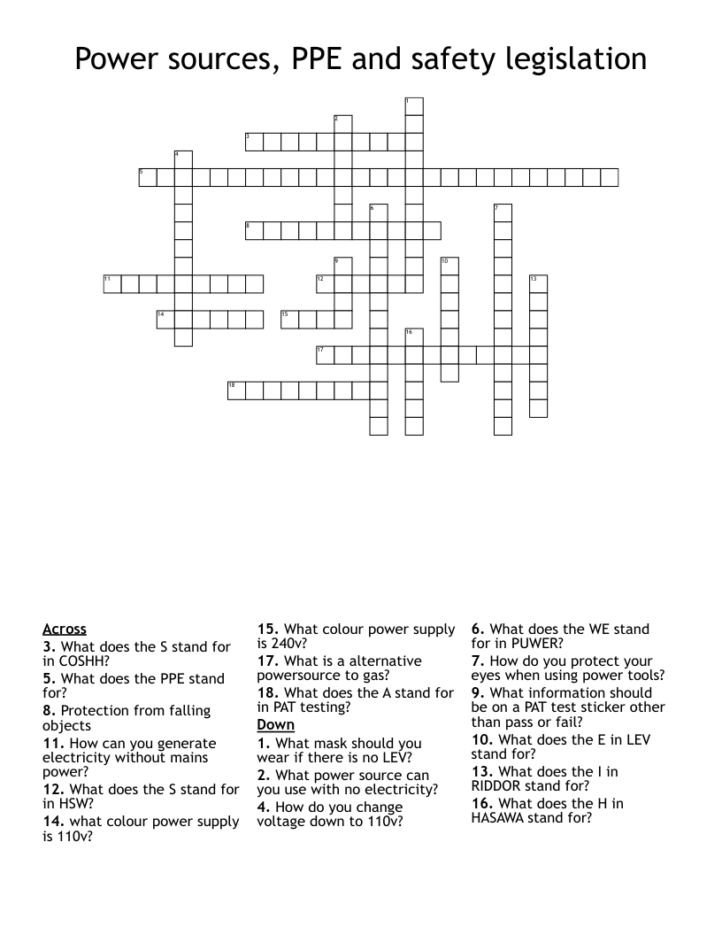Power sources, PPE and safety legislation Crossword