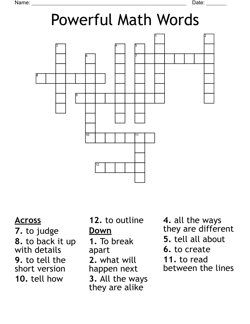 Powerful Math Words Crossword