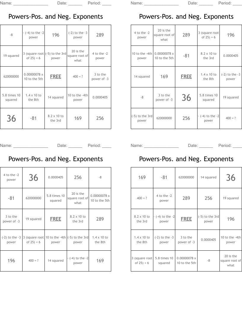 Powers-Pos. and Neg. Exponents Bingo Cards
