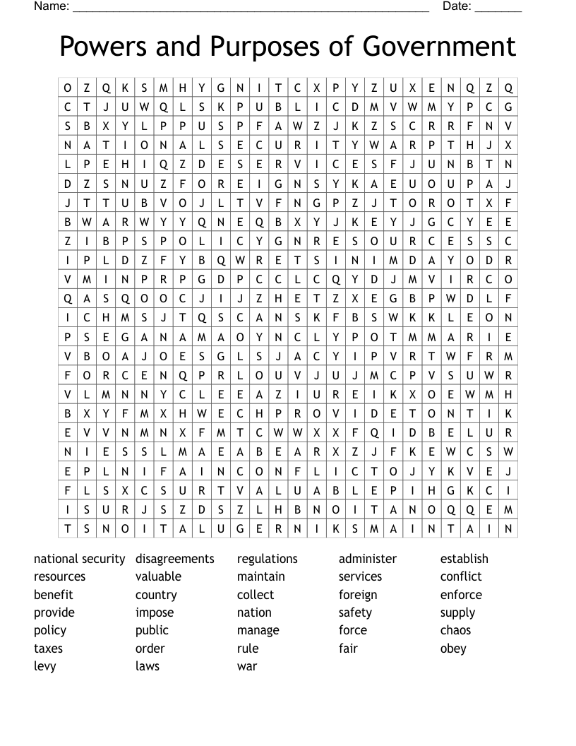 Powers and Purposes of Government Word Search