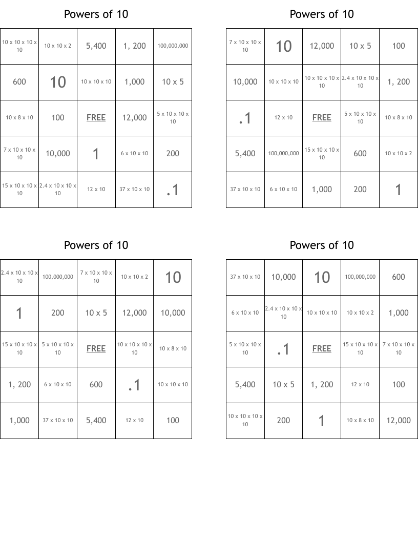 Powers of 10 Bingo Cards