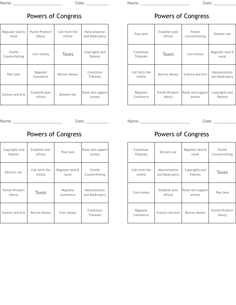 Powers of Congress Bingo Cards