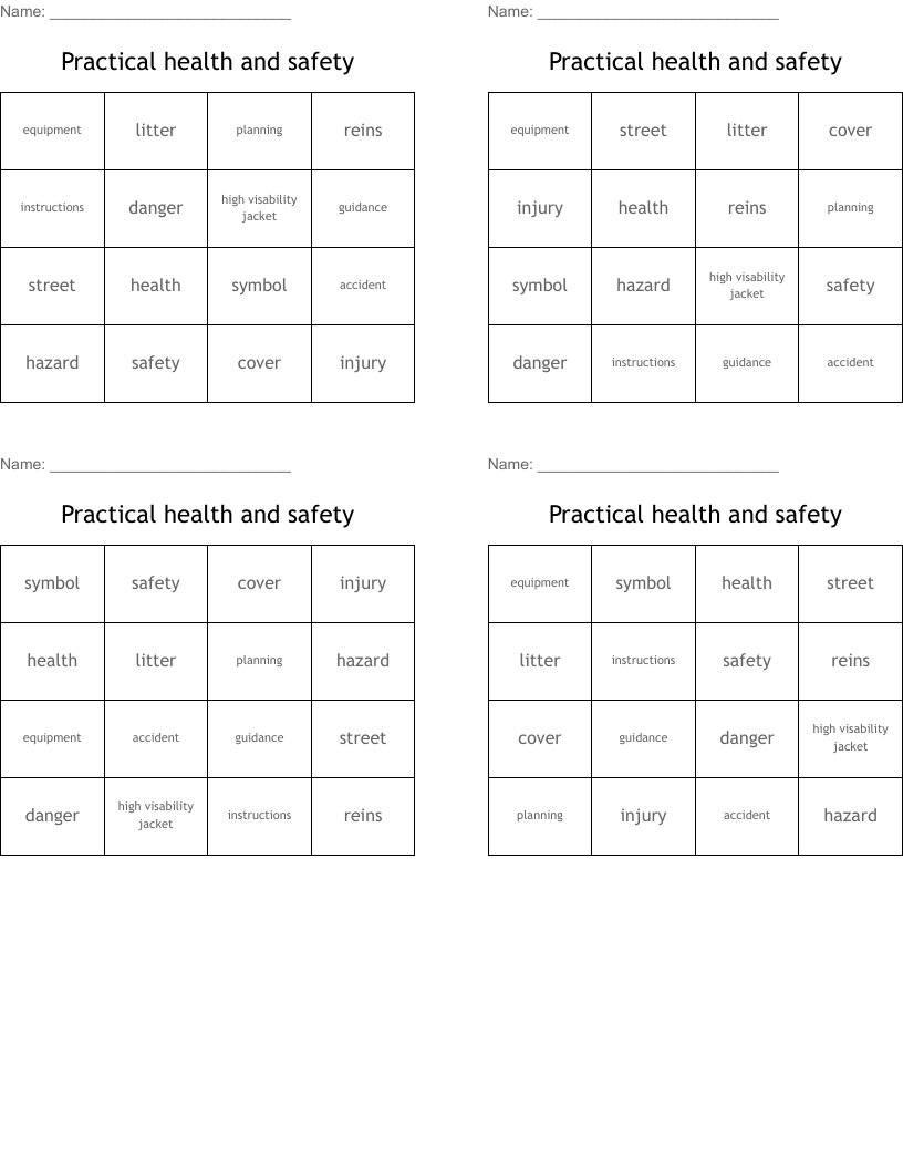 Practical health and safety Bingo Cards