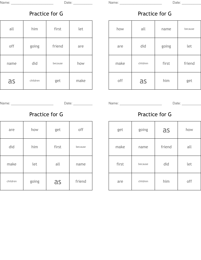 Practice for G Bingo Cards