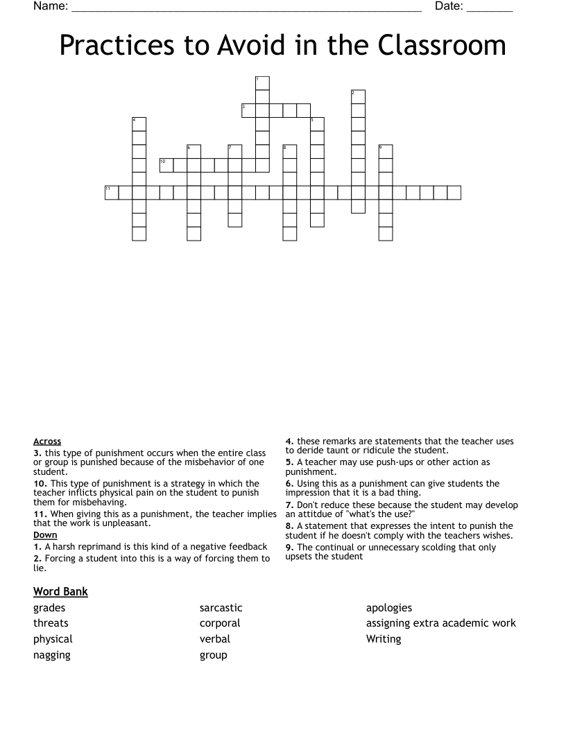Practices to Avoid in the Classroom Crossword