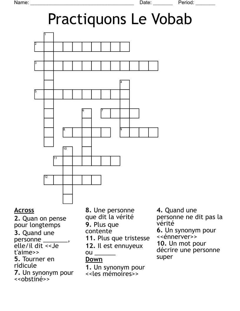 Practiquons Le Vobab Crossword