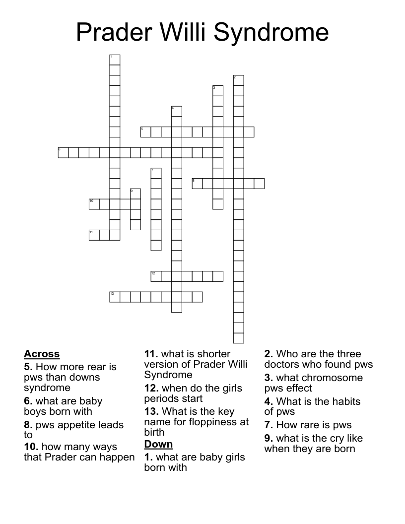 Prader Willi Syndrome Crossword