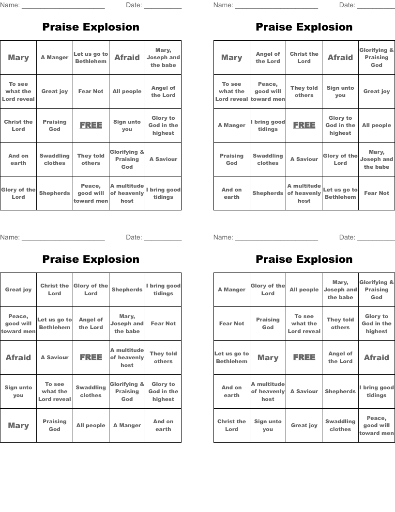 Praise Explosion Bingo Cards