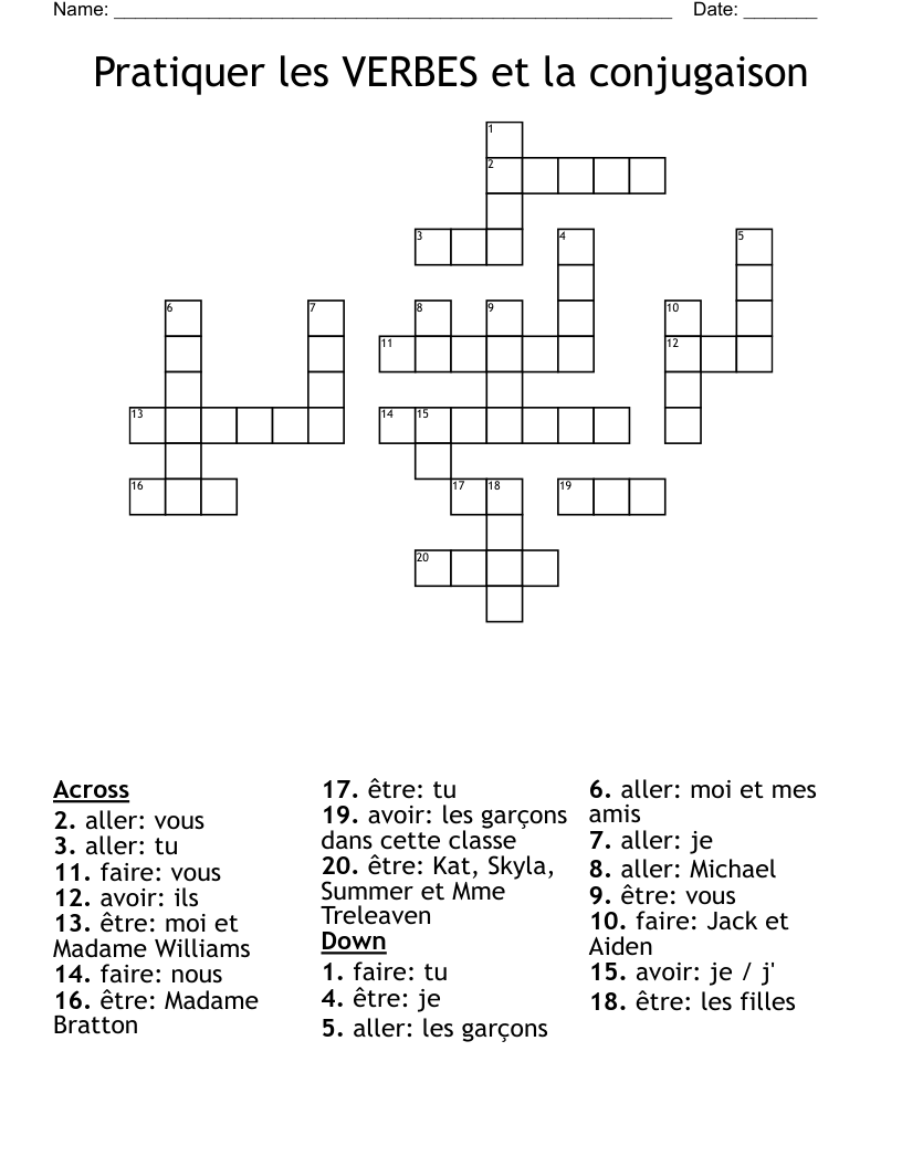 Pratiquer les VERBES et la conjugaison Crossword