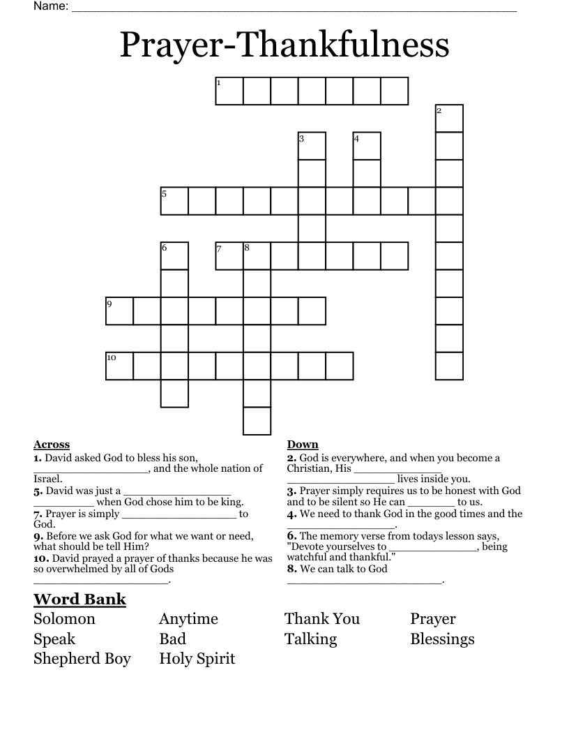 Prayer-Thankfulness Crossword