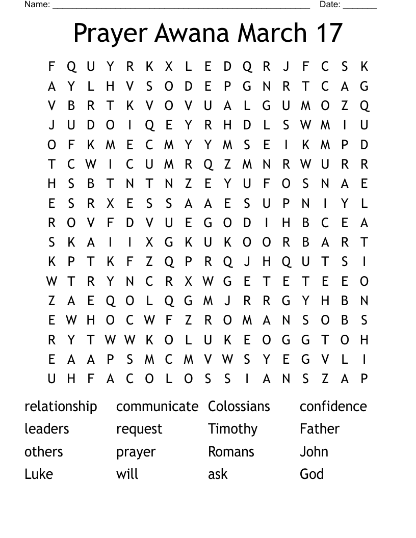 Prayer Awana March 17 Word Search