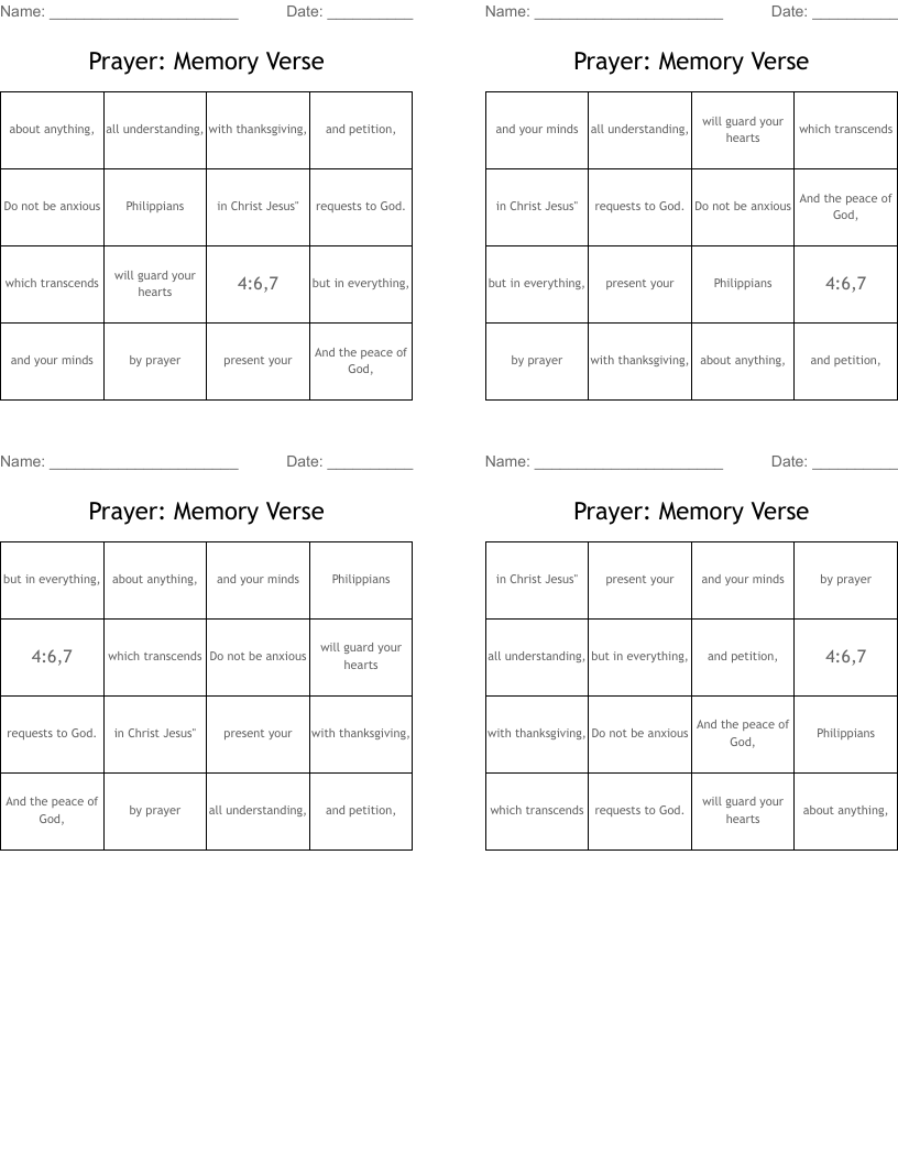 Prayer:  Memory Verse Bingo Cards