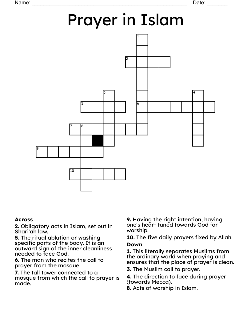 Prayer in Islam Crossword
