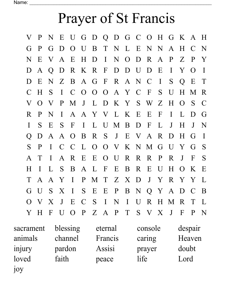 Prayer of St Francis Word Search