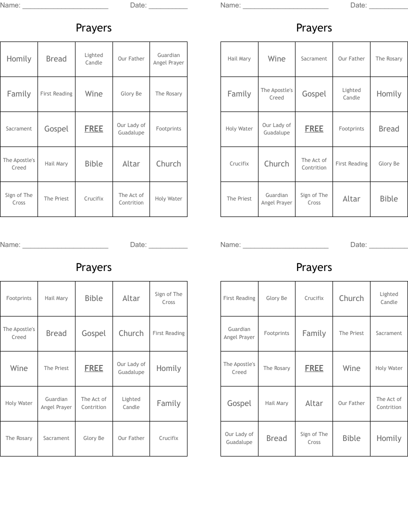 Prayers Bingo Cards