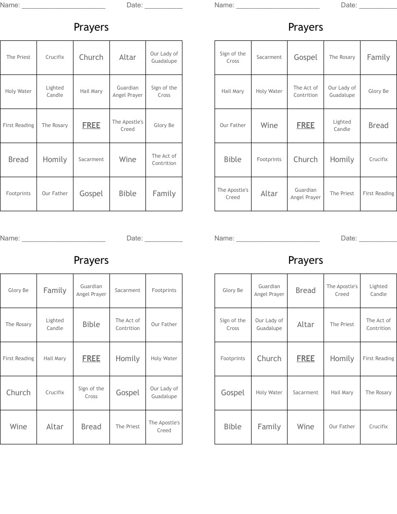 Prayers Bingo Cards