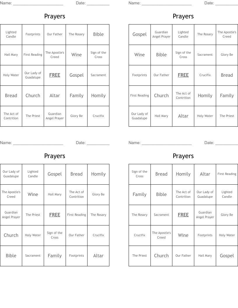 Prayers Bingo Cards