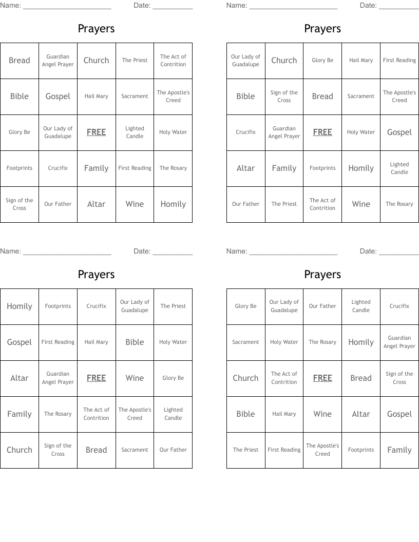 Prayers Bingo Cards