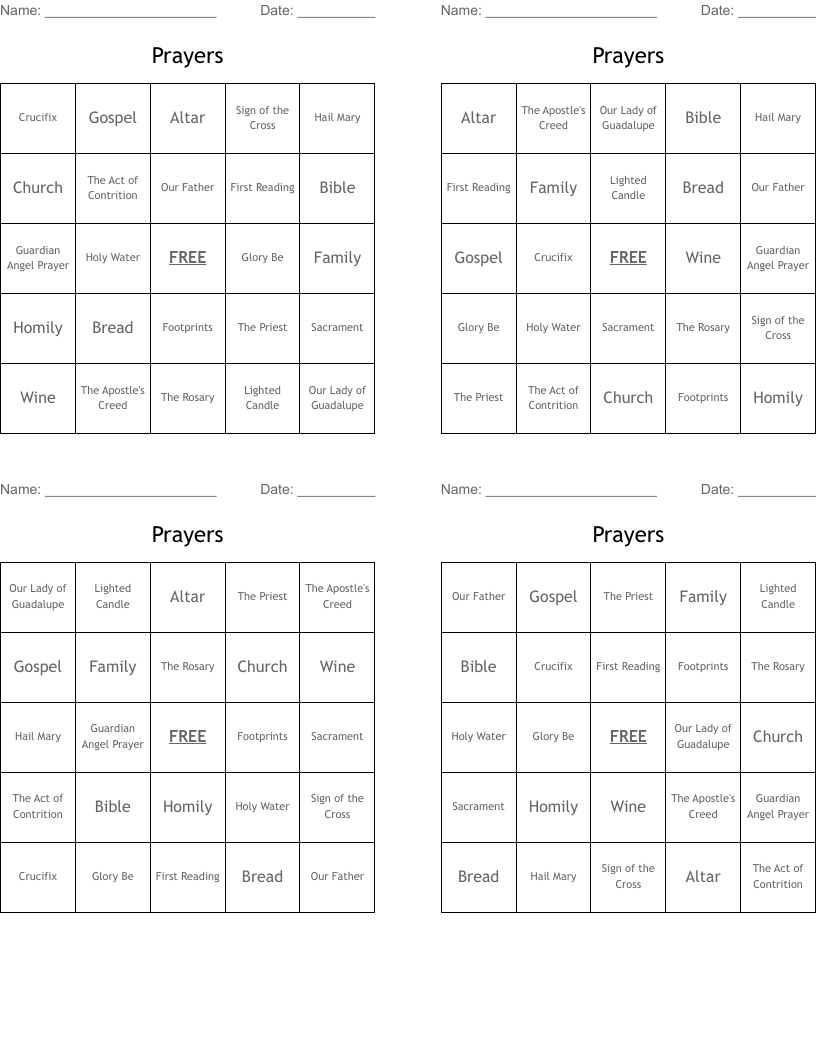 Prayers Bingo Cards