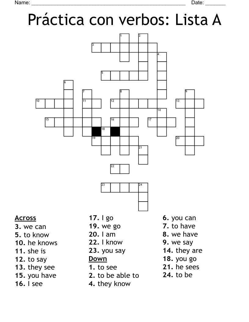 Práctica con verbos: Lista A Crossword