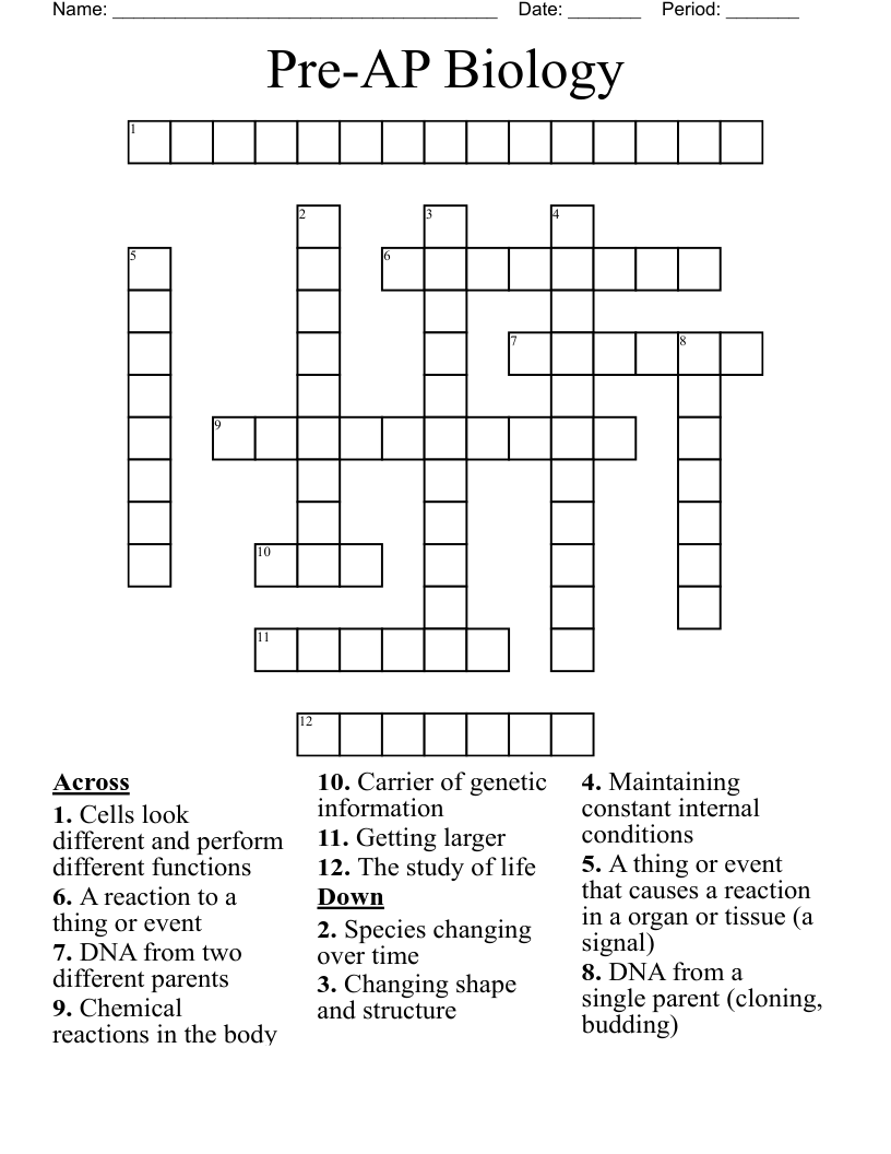 Pre-AP Biology Crossword