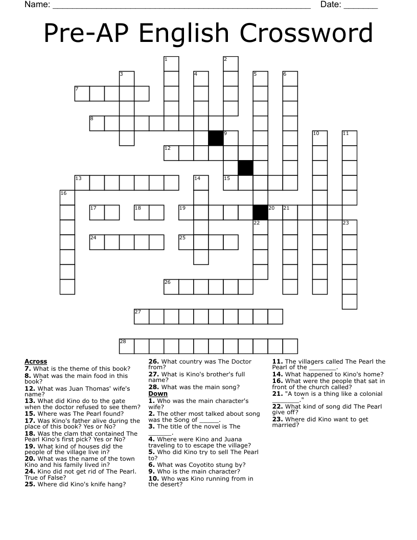 Pre-AP English Crossword