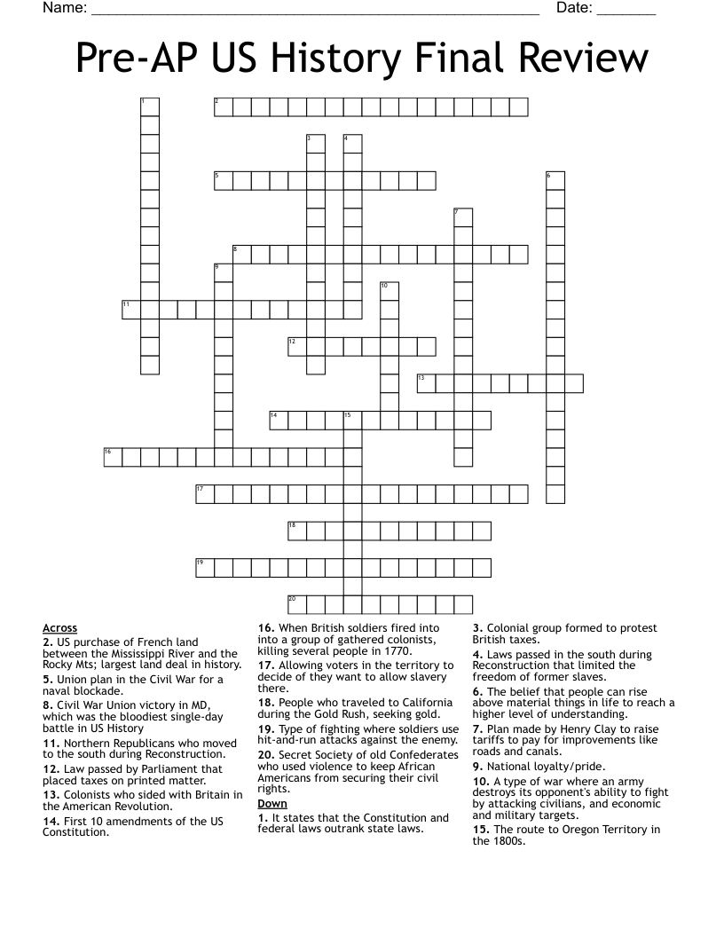 Pre-AP US History Final Review Crossword