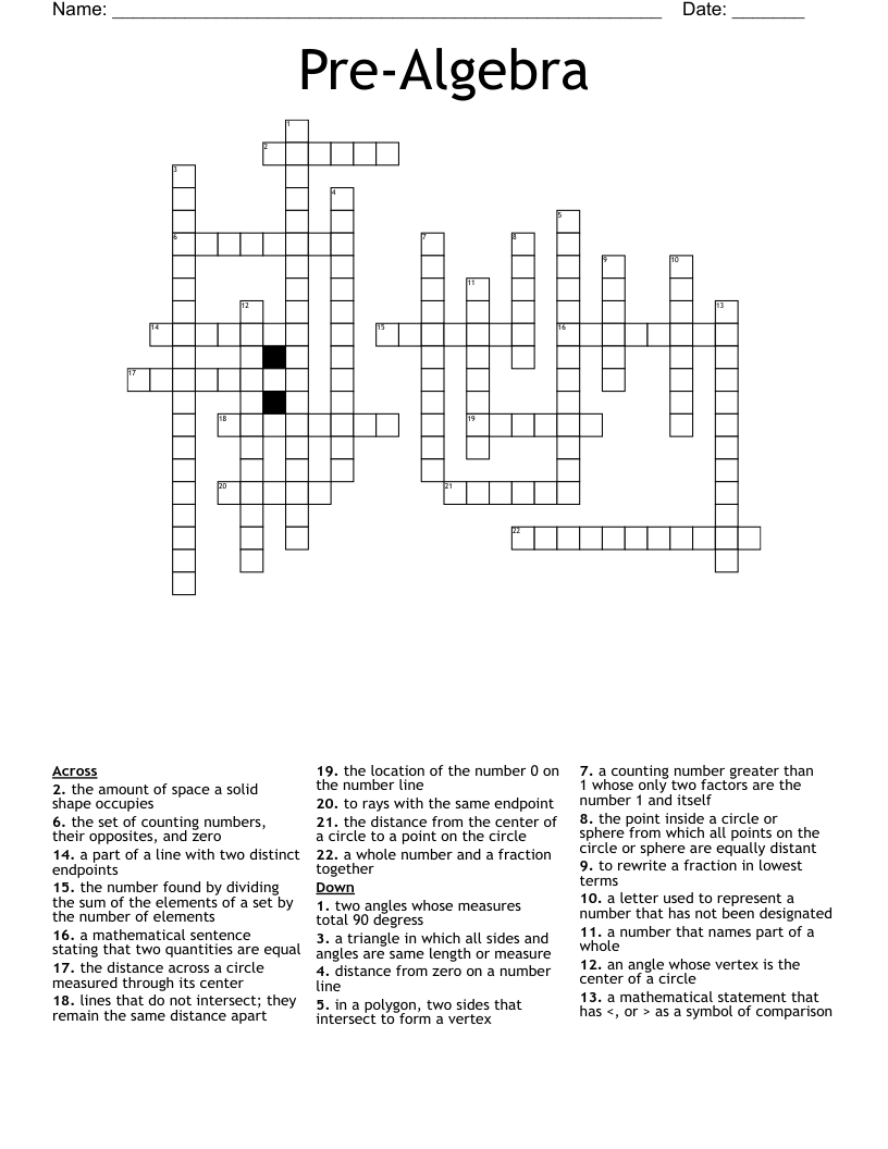 Pre-Algebra Crossword