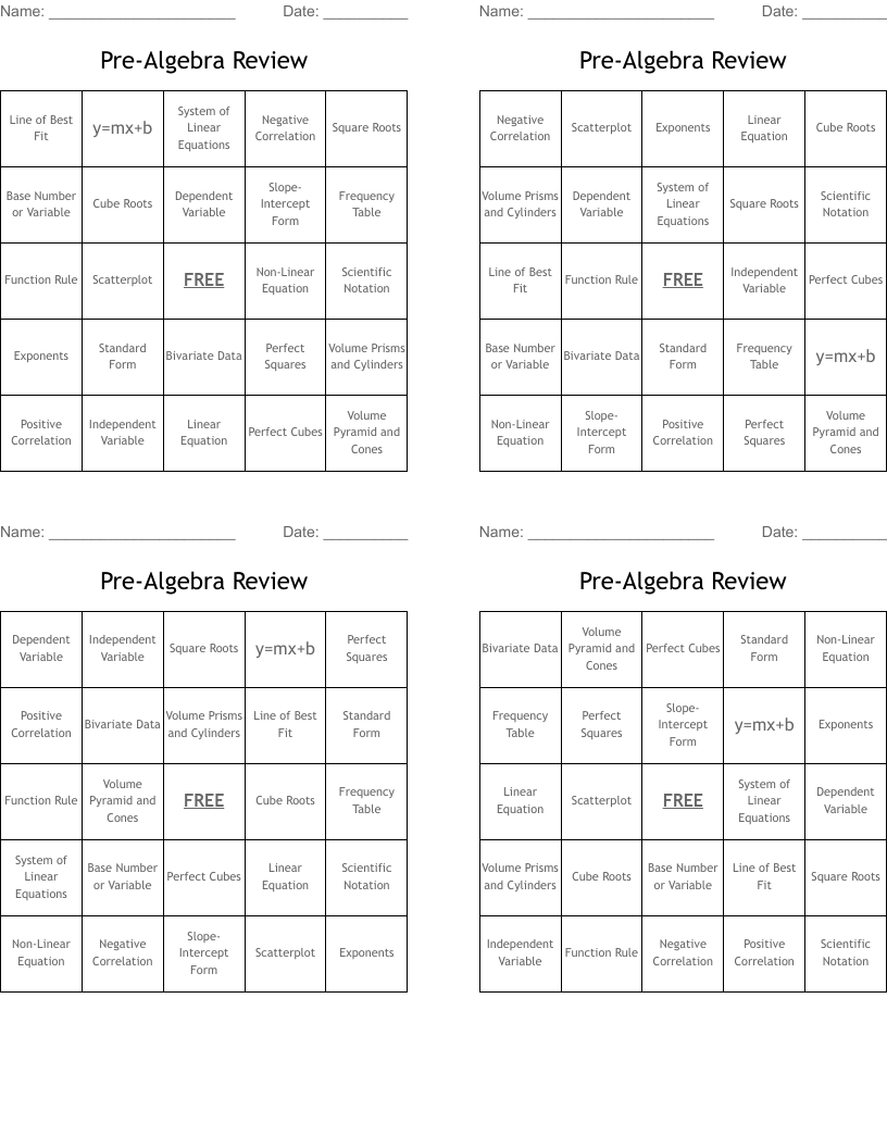 Pre-Algebra Review Bingo Cards