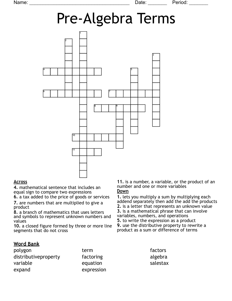 Pre-Algebra Terms Crossword
