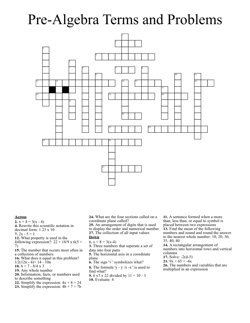 Pre-Algebra Terms and Problems  Crossword
