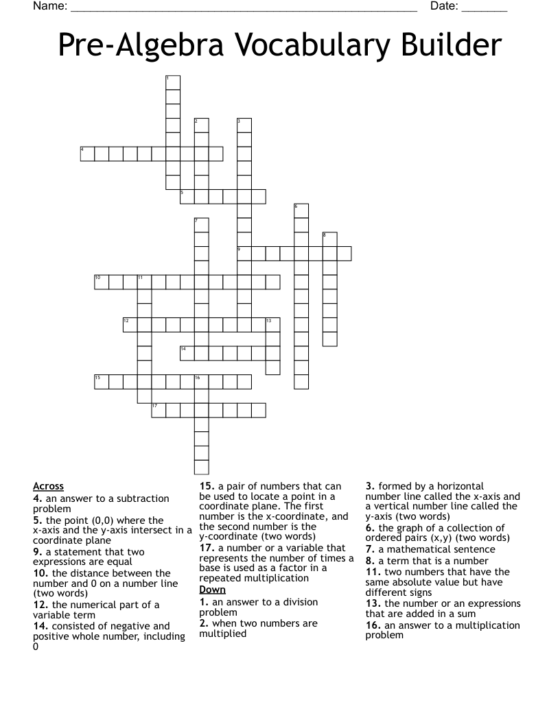 Pre-Algebra Vocabulary Builder Crossword