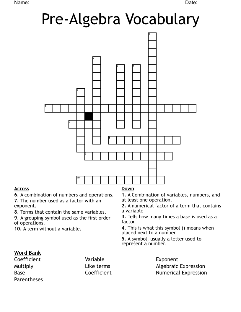 Pre-Algebra  Vocabulary Crossword