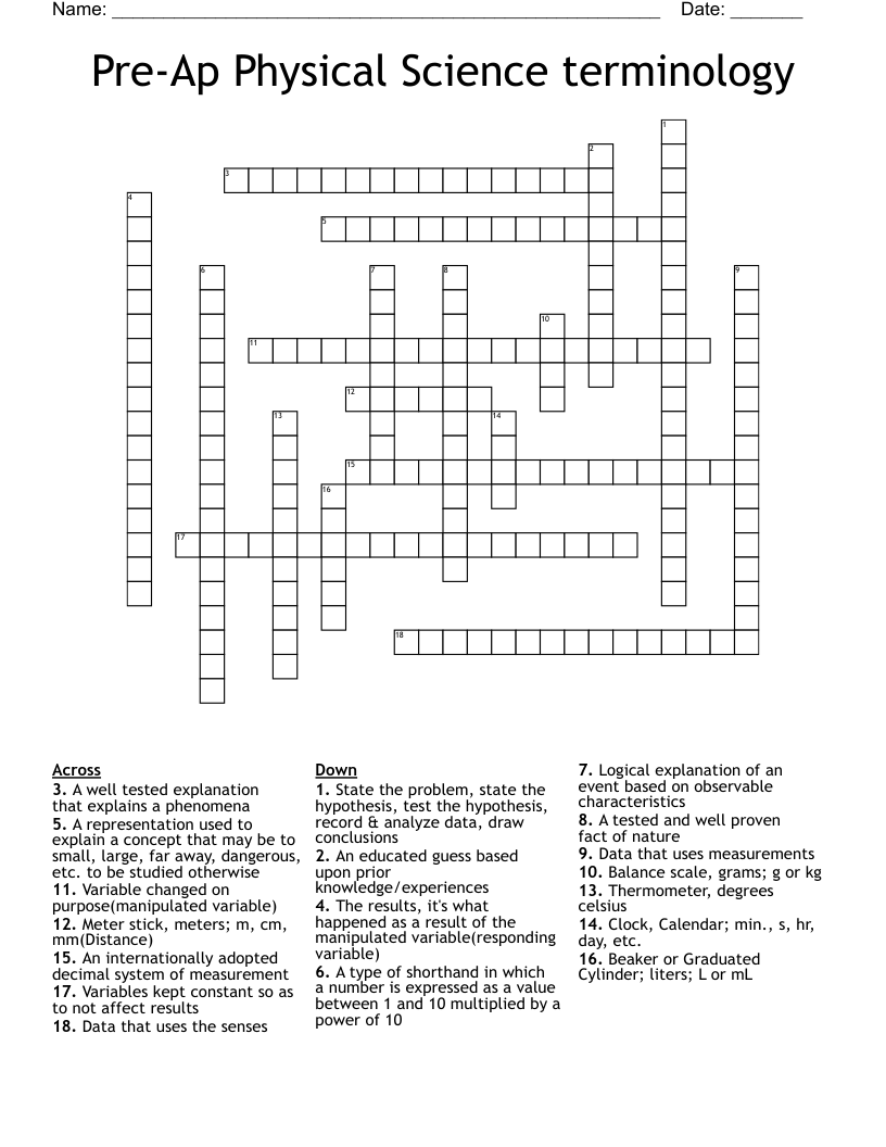 Pre-Ap Physical Science terminology Crossword