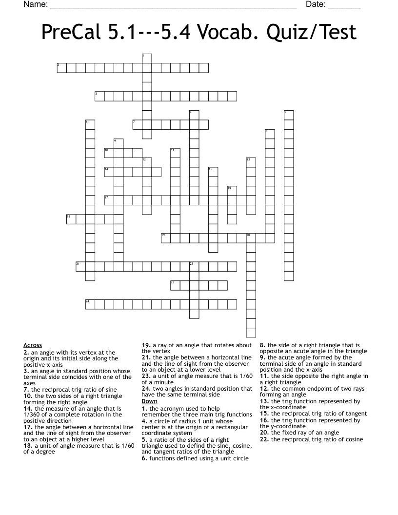 PreCal 5.1---5.4 Vocab. Quiz/Test Crossword