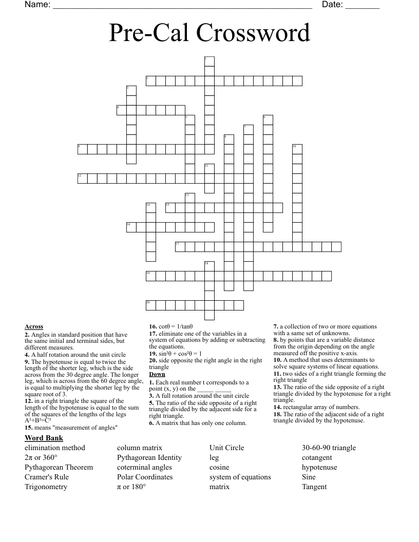 Pre-Cal Crossword
