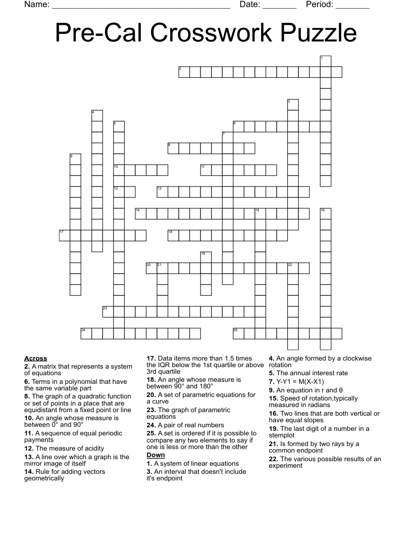 Pre-Cal Crosswork Puzzle Crossword
